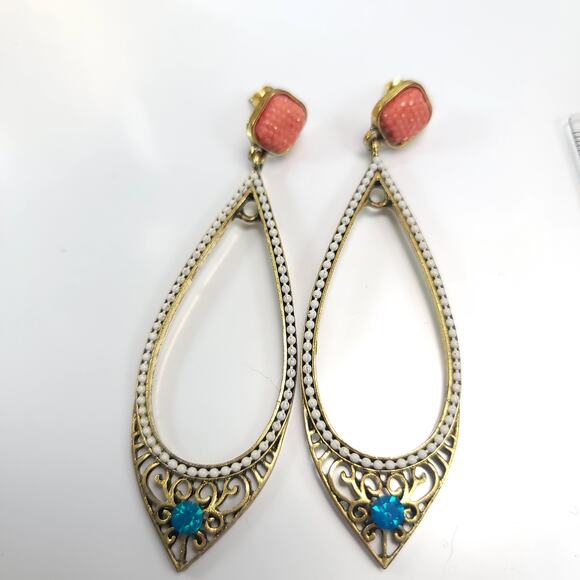 Vintage Teardrop Dangle Earrings with Coral and Turquoise Accents Boho Jewelry - Picture 3 of 10